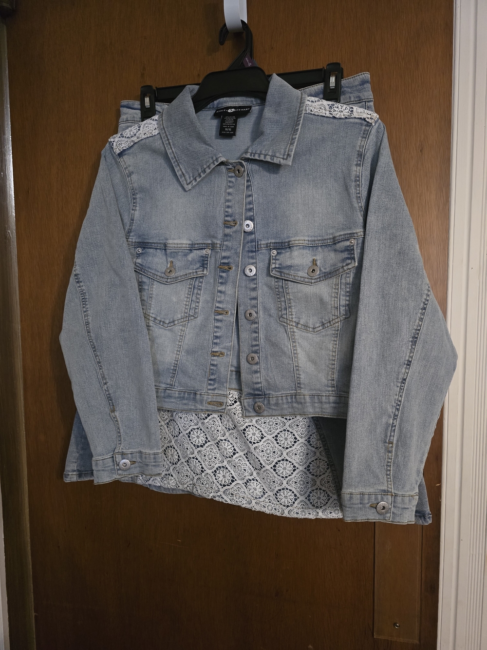 Ashley Stewart Light Blue Denim Jacket & Skirt Set with White Crochet Back
